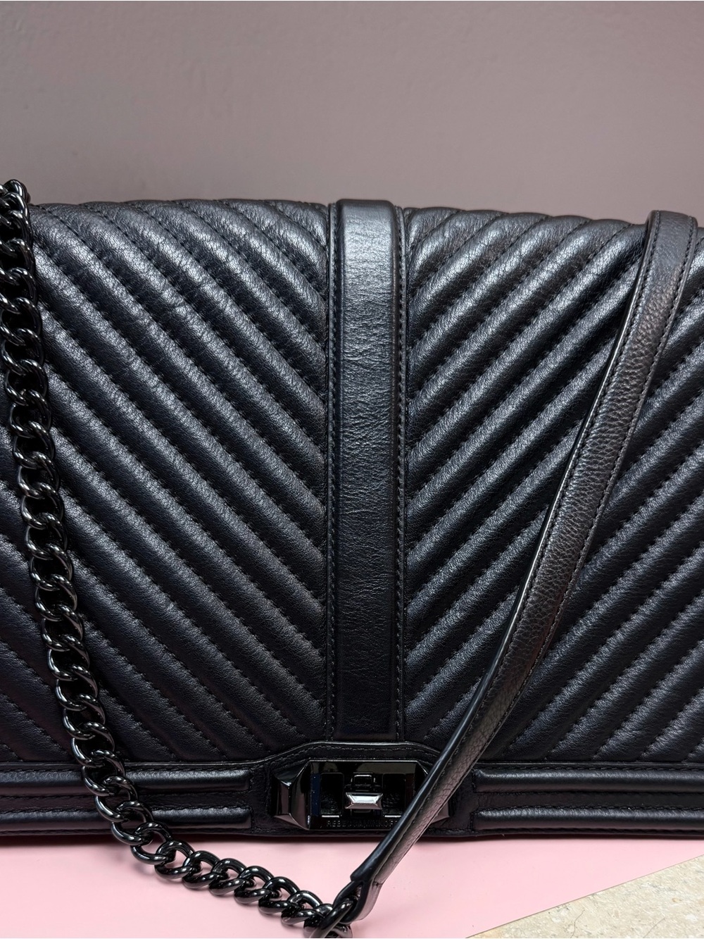 Rebecca Minkoff Black Chevron Quilted Crossbody Shoulder Bag with Chain